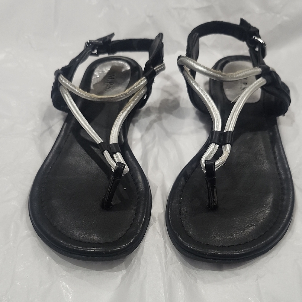 Women's Black T-Strap Sandals with Silver Accents